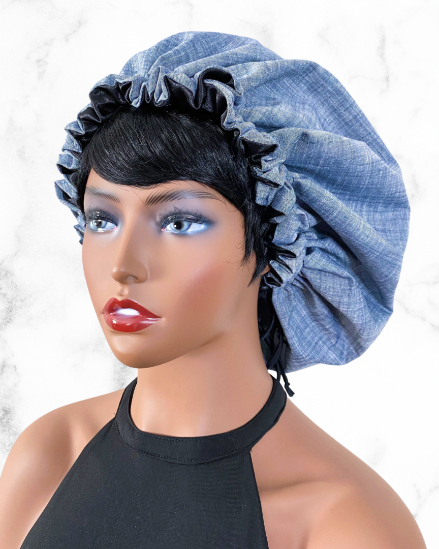 Gene (black satin) | denim satin lined drawstring bonnet – Wraps