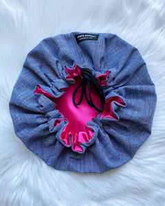 Gene (fuchsia satin) | denim satin lined drawstring bonnet